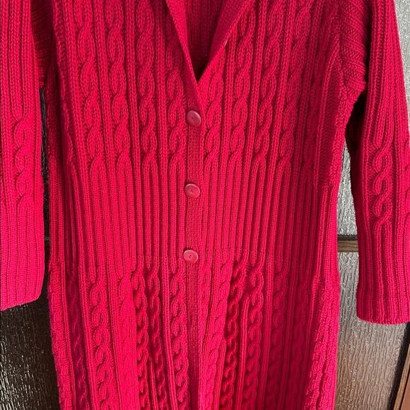 Aran Crafts Ireland 100% Merino Wool Long Sweater Cardigan Coatigan XL Red - Picture 6 of 9